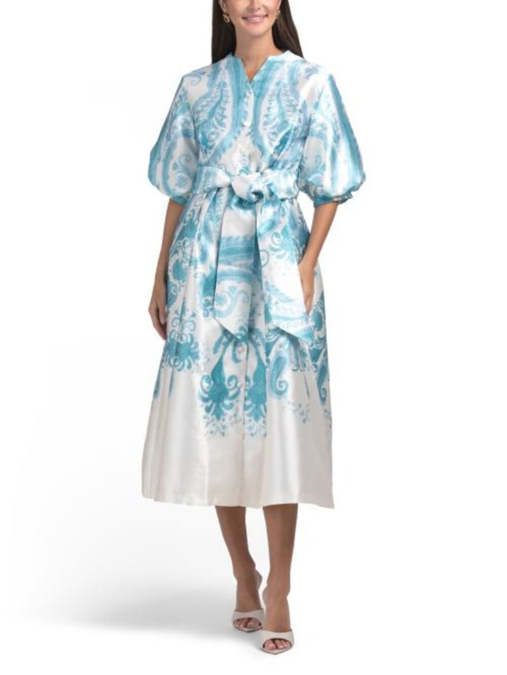 NANCY YANG Puff Sleeve Paisley Mikado Dress